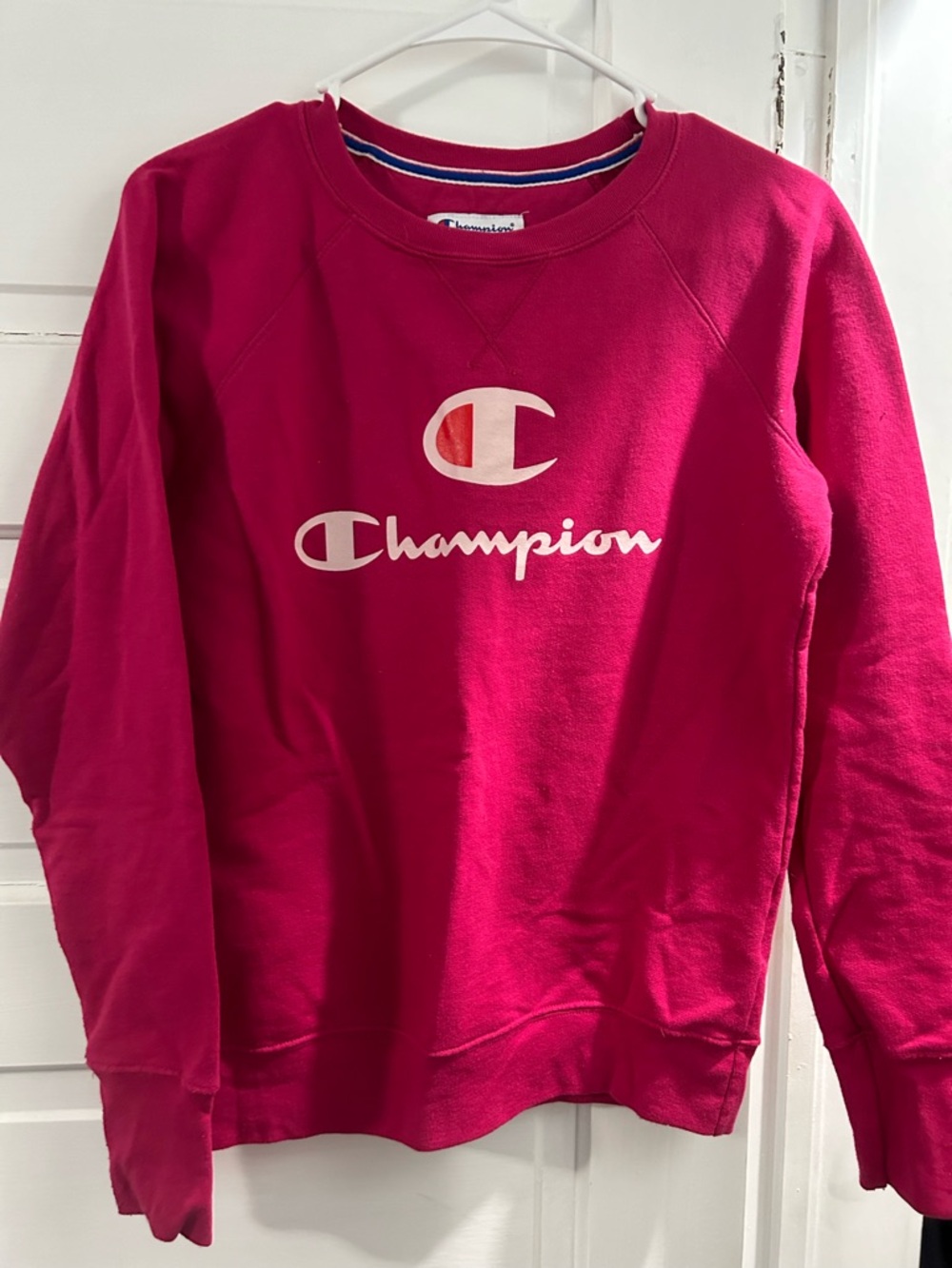 Champion Crewneck Sweatshirt in Fuchsia Pink with White Logo